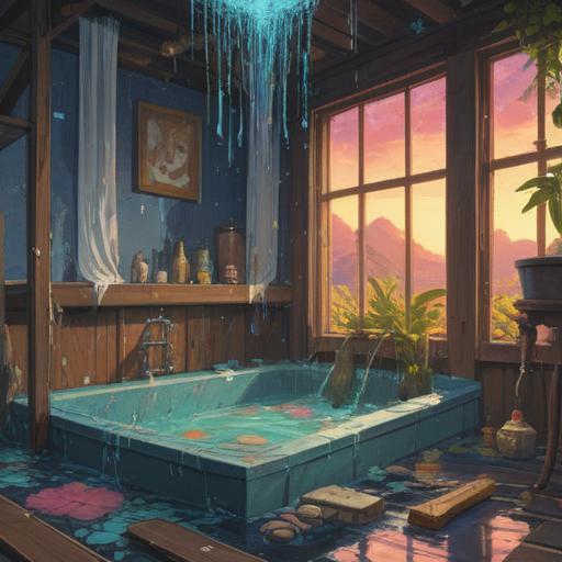 A symbolic illustration of a broken bath, water overflowing, sacred symbols emerging from the water, serene yet chaotic atmosphere, ethereal light illuminating the scene, juxtaposition of tranquility and disruption, reflections of spiritual growth, intricate details in water patterns, 4k