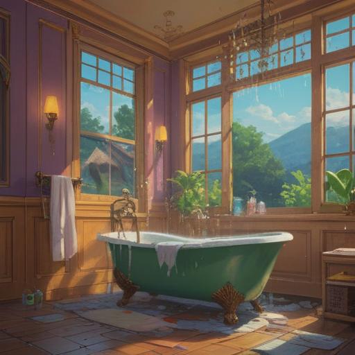 A serene bathroom scene with a broken bathtub, soft light filtering through the window, steam rising, subtle hints of spiritual symbols in the air, calming atmosphere, a sense of renewal and liberation, reflections in water droplets, unexpected beauty in chaos, 4k