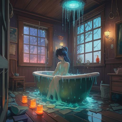 A mystical illustration depicting a broken bath, ethereal light illuminating the scene, symbolic water droplets representing spiritual signs, a ghostly figure hinting at the importance of intuition, contrasting dark shadows to emphasize urgency, serene yet foreboding atmosphere, 4k