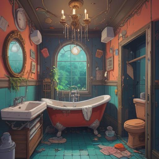 A whimsical illustration of a broken bathroom, a cute little charm shining brightly, surrounded by a chaotic scene, steam rising from an overflowing bathtub, cheerful colors, cartoonish style, playful elements, lucky item theme, 4k