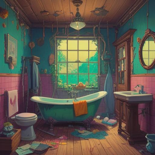 A whimsical scene of a bathroom in disrepair, overflowing bathtub, curious characters exploring the chaos, unexpected discoveries like hidden treasures and quirky plumbing, light streaming through cracked tiles, a sense of adventure and wonder, vibrant colors, detailed textures, playful atmosphere, 4k