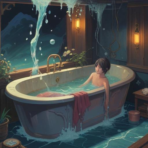 A surreal illustration depicting the spiritual meaning of a bathtub breaking, ethereal atmosphere, symbolic imagery of water flowing, representations of renewal and transformation, soft light illuminating shattered pieces, elements of nature encroaching, dreamlike colors blending, meaningful reflections in the broken pieces, 4k