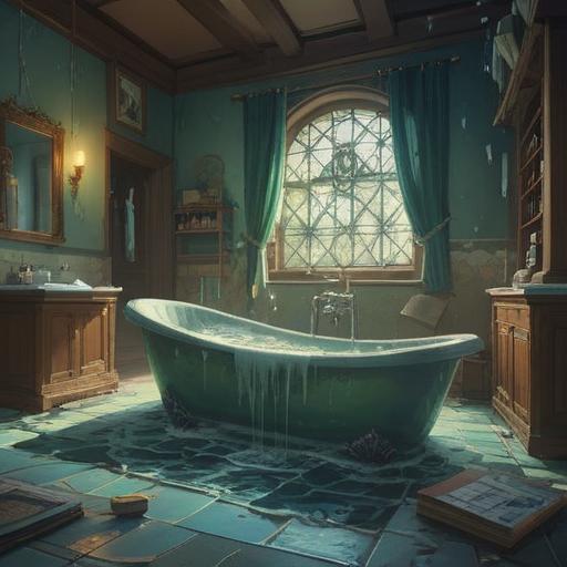 A serene and mystical scene depicting a broken bathtub, soft light filtering through steam, ethereal symbols emerging from the cracks, calm water reflecting a glowing aura, hints of ancient wisdom in the bubbles, a sense of transformation and renewal, tranquil atmosphere, 4k