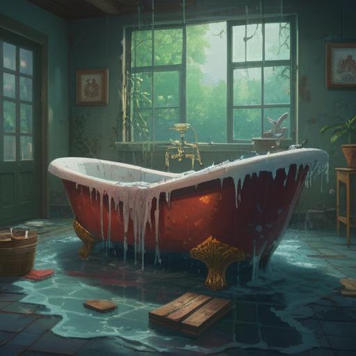 A serene and contemplative scene depicting a broken bathtub, water spilling onto the floor, subtle spiritual symbols appearing in the mist, a figure meditating nearby, surrounded by calming candles and gentle light, various signs like feathers and coins subtly integrated, peaceful yet introspective mood, 4k