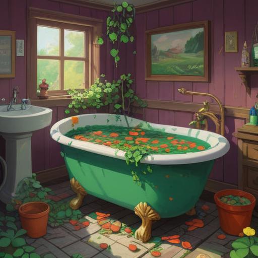 A whimsical scene depicting a broken bathtub with various lucky items scattered around, colorful charms like four-leaf clovers, horseshoes, and wishbones, light streaming through a window illuminating the mess, an air of magic and fortune, playful atmosphere, intricate details of the items, vibrant colors, optimistic mood