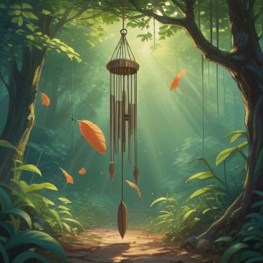 A serene scene depicting wind chimes gently swaying in the breeze, soft sunlight filtering through leaves, ethereal sound waves emanating from the chimes, representing spiritual harmony and tranquility, lush greenery in the background, presence of subtle spiritual symbols, peaceful atmosphere, calming essence, 4k