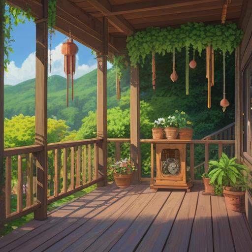 A serene outdoor scene featuring colorful wind chimes hanging from a wooden porch, gentle breezes creating soothing sounds, lush green garden in the background, soft sunlight filtering through the leaves, symbolic representations of good signs in nature, tranquil ambiance, spiritual essence, harmonious connection with the environment, 4k