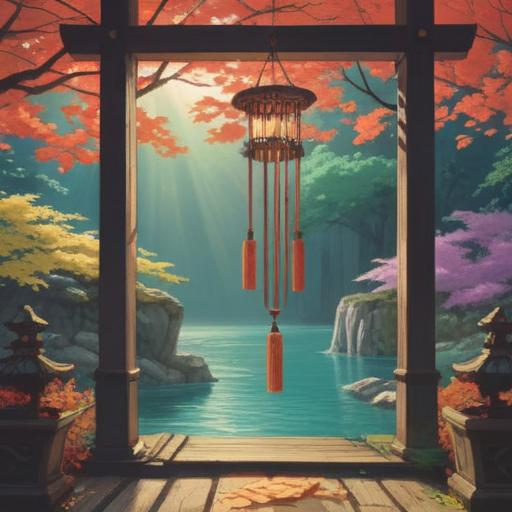 A serene scene featuring a traditional Japanese wind chime, subtle gentle breeze, soft sunlight filtering through leaves, a mystical aura surrounding the chime, tranquil garden setting, symbolic representation of spiritual signs, calming atmosphere, pastel colors, hint of spirituality