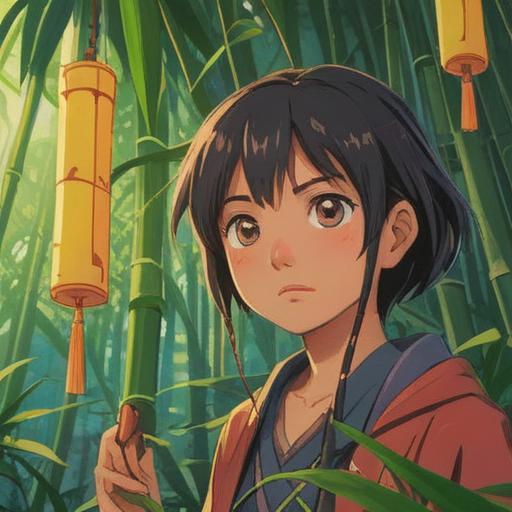 A serene summer scene, a gentle breeze rustling through bamboo, a colorful wind chime swaying, golden rays of sunlight illuminating a delicate lucky charm, soft focus on intricate details, tranquil atmosphere, vibrant colors, hint of Japanese culture, 4k