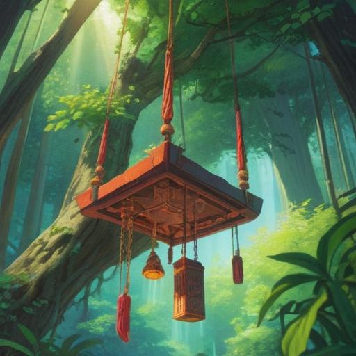 A serene summer scene featuring a gentle breeze, colorful wind chimes hanging from a lush green tree, soft sunlight filtering through the leaves, a person sitting on a porch, eyes closed, reflecting on the soothing sound of the wind chimes, a feeling of tranquility and peace in the air, deep connection to nature, evoking memories and emotions, lush surroundings, soft focus, warm atmosphere