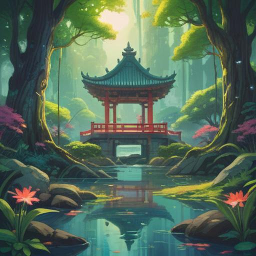 A serene landscape featuring elements of feng shui, spiritual symbols intertwined, harmonious energy flow, tranquil water streams reflecting light, lush green surroundings, ancient trees, soft glowing orbs representing spiritual energy, a meditative figure in a peaceful pose, 4k