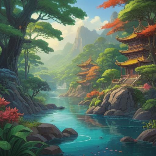 A serene landscape depicting elements of feng shui, harmonious design with flowing water and lush greenery, symbolic representations of zodiac signs, vibrant colors representing positive energy, balanced composition inviting tranquility, ethereal atmosphere highlighting spiritual enlightenment, intricate details of nature, illuminated pathways leading to a peaceful zen garden, 4k