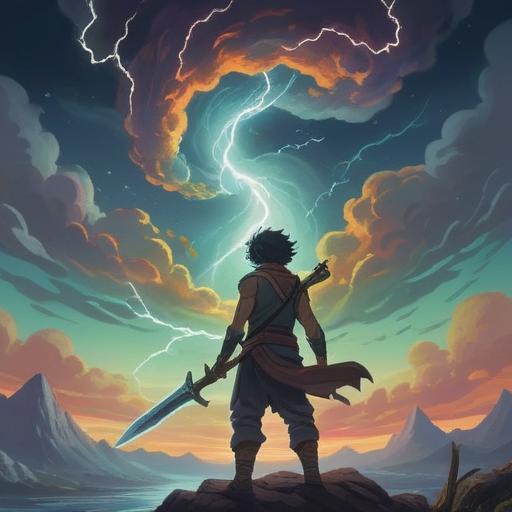 A serene landscape depicting the essence of the Wind God and Thunder God, swirling winds and flashes of lightning in the sky, natural elements symbolizing spiritual signs, calm yet powerful atmosphere, traditional Japanese motifs, vibrant colors and dynamic movement capturing the energy of nature, 4k