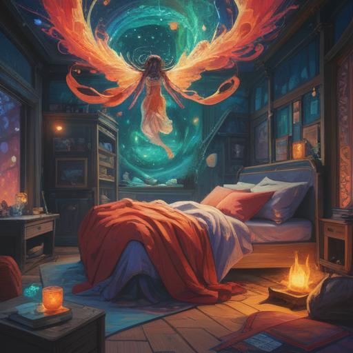 A mystical representation of a person in bed surrounded by swirling colorful energies, soft light illuminating their figure, ethereal spirits gently floating around, symbolic representations of healing, warm and inviting atmosphere, a blend of physical and spiritual elements, dreamlike environment, 4k