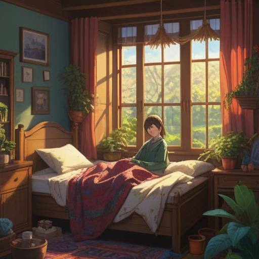 A cozy indoor scene, a person resting under a warm blanket, surrounded by various lucky herbs, sunlight filtering through a window, soft green hues, comforting ambiance, steaming cup of herbal tea, detailed textures of the herbs, gentle smile on the person's face, healing atmosphere, 4k