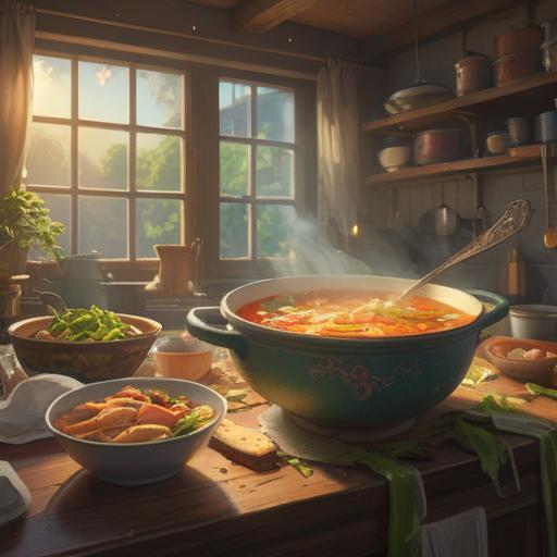 A cozy kitchen scene, a steaming bowl of chicken soup on the table, fresh ginger and garlic scattered nearby, sunlight streaming through the window, a comforting atmosphere, heartwarming colors, soft textures, inviting arrangement of ingredients, 4k