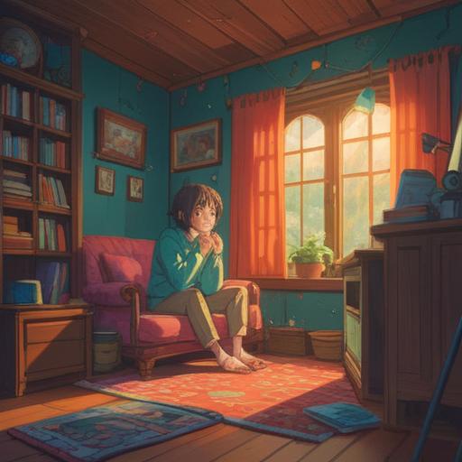 A serene and uplifting illustration depicting a person sitting in a cozy room, surrounded by warm light, thinking deeply while wrapped in a soft blanket, symbolic representations of healing energy swirling around them, gentle colors conveying a sense of peace and introspection, nature elements like plants visible through a window, ethereal glow suggesting spiritual awakening, 4k