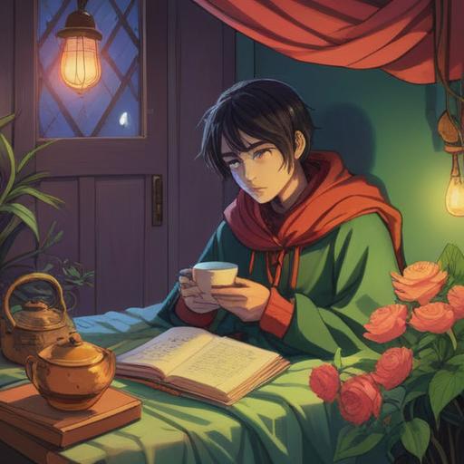 A serene illustration depicting a person under a warm blanket, surrounded by soft light, a cup of herbal tea on a bedside table, subtle hints of ethereal symbols in the air, gentle whispers of nature outside the window, reflective atmosphere, conveying a sense of introspection and healing, spiritual awareness, ethereal quality, calming color palette