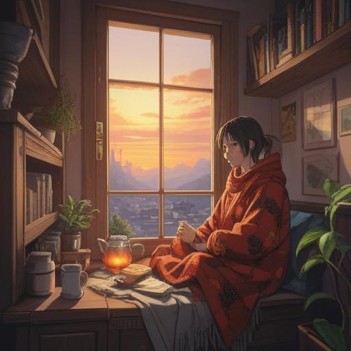 A cozy indoor scene, a person wrapped in a warm blanket, sipping herbal tea by a window, soft sunlight filtering through, surrounded by a collection of comforting books, gentle atmosphere, hints of warm colors, peaceful and restorative environment, 4k