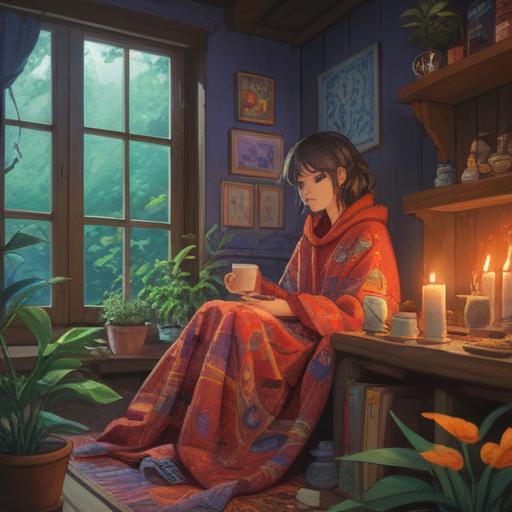 A serene illustration depicting a person wrapped in a warm blanket, surrounded by soothing herbal teas, cozy atmosphere, soft lighting, subtle hints of nature such as plants and crystals, spiritual symbols like yin-yang or chakras in the background, reflecting mindfulness and self-care, peaceful expression, 4k