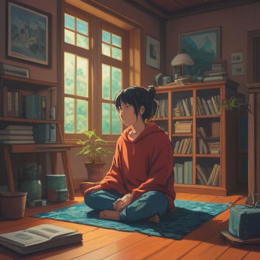 A thoughtful scene depicting mental preparation for avoiding colds, a cozy indoor environment, a person meditating with a serene expression, natural light filtering through a window, elements symbolizing health and wellness like herbal teas and books, peaceful ambiance, soft colors, warm tones, encouraging atmosphere, 4k