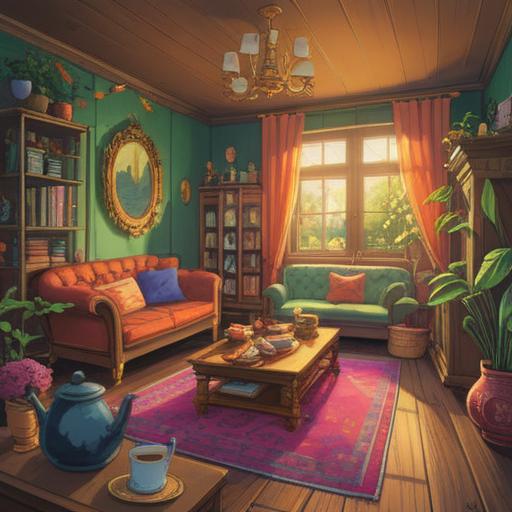 A whimsical illustration of a cozy living room, featuring a warm cup of herbal tea on a table, a lucky charm like a golden frog or a four-leaf clover nearby, soft sunlight streaming through a window, a warm blanket draped across a chair, symbols of good fortune scattered around, emphasizing themes of wellness and prosperity, inviting and comforting atmosphere, detailed textures, vibrant colors, 4k