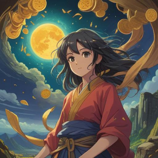 A mystical landscape symbolizing the Age of Air, swirling winds carrying golden coins, ethereal figures embodying spiritual wealth, signs of abundance in the clouds, vibrant colors reflecting energy flow, subtle hints of caution, serene atmosphere, interconnected patterns of nature and finance, 4k