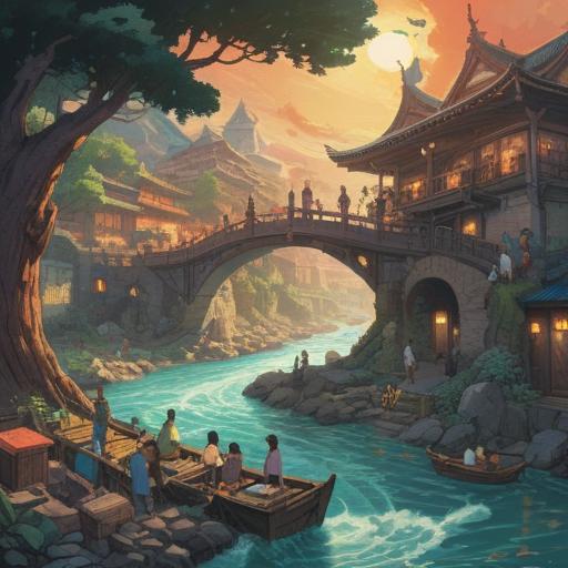 A metaphorical illustration depicting the flow of money as a river, vibrant colors, people gathering around the river, actively exchanging currencies, symbols of prosperity like trees with coins as fruits, a diverse group of individuals sharing ideas, innovative thinking represented by light bulbs above their heads, harmonious environment, 4k