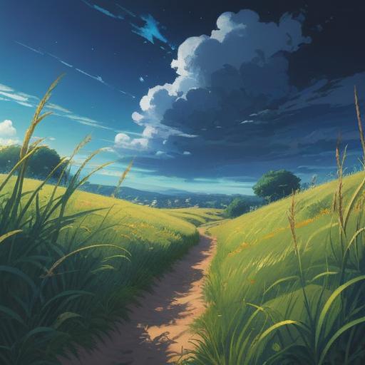A whimsical illustration of gently swaying grass under a clear blue sky, ethereal light illuminating the scene, a serene atmosphere suggesting the presence of unseen forces, symbolizing spiritual connection and harmony, surrounded by soft clouds and the distant silhouette of mountains, 4k