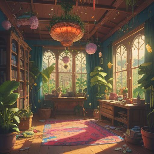 A whimsical illustration of a colorful mobile of lucky charms swaying gently in a sunlit room, surrounded by vibrant plants, soft shadows dancing on the walls, a sense of tranquility and mystery, intricate details on the charms, inviting atmosphere, 4k