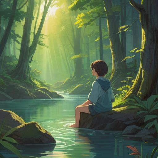A serene landscape depicting a gentle stream flowing through a lush forest, soft sunlight filtering through the trees, a person sitting peacefully on a bank, meditating and surrounded by nature, colorful flowers blooming, tranquil atmosphere, harmony with the environment, detailed foliage, 4k