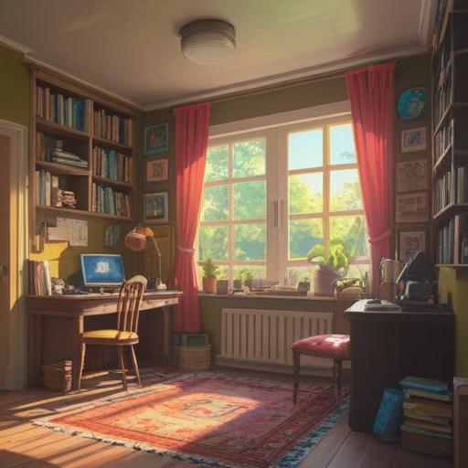 A serene and peaceful room, vibrant sunlight streaming through the window, soft clutter being organized, spiritual symbols subtly integrated, calming color palette, sense of renewal and clarity, a person meditating amidst tidying up, tranquil atmosphere, harmonious energy, 4k