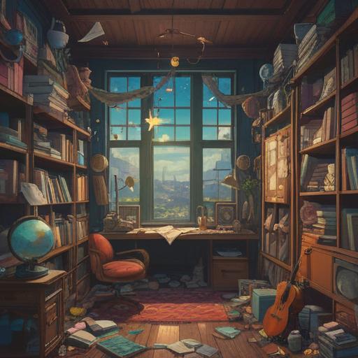 A cluttered room filled with piles of disorganized items, a sense of chaos and confusion, spiritual energy lingering in the air, subtle signs of exhaustion and overwhelm, symbolic objects representing personal struggles, soft light filtering through the window, shadows cast by clutter, a sense of urgency to clean, 4k