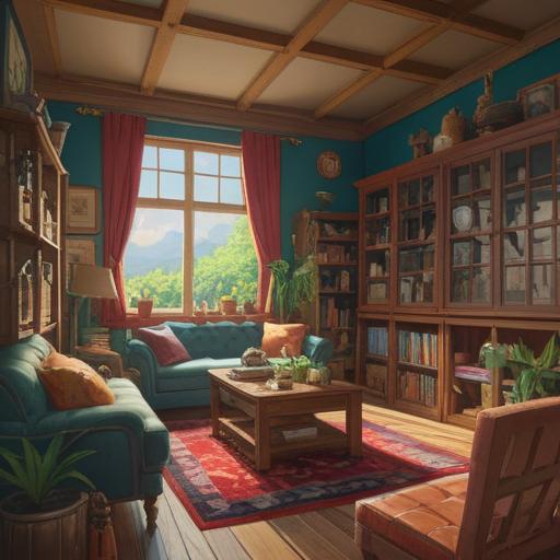 A tidy room with organized furniture, vibrant lucky items displayed on shelves, natural sunlight streaming through the window, plants adding freshness, a sense of harmony and prosperity, inviting atmosphere, 4k
