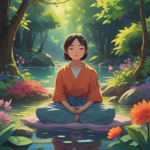 A serene and uplifting scene, a person meditating in a tranquil garden, surrounded by blooming flowers and gentle streams, soft morning light illuminating the space, symbolic elements of good fortune like a floating lantern and a four-leaf clover, peaceful facial expression, harmonious colors, nature-inspired setting, clear blue sky, positive energy radiating, 4k