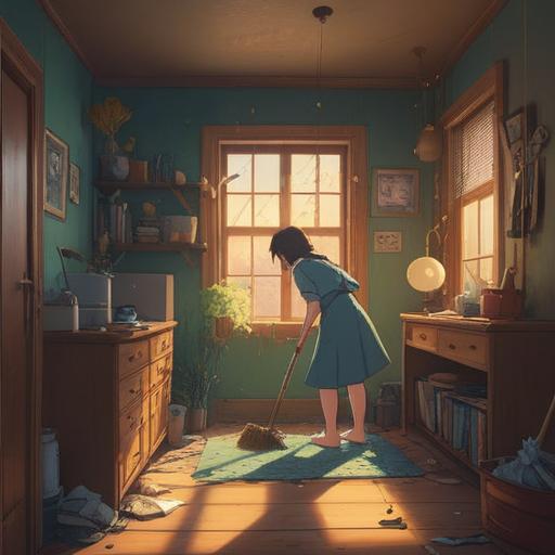 A serene scene depicting a person cleaning their room, sunlight streaming through the window, dust motes dancing in the light, symbolic representation of inner clarity and spiritual renewal, peaceful ambiance, clutter transforming into organized space, calming color palette, mindfulness in action, harmonious energy, 4k