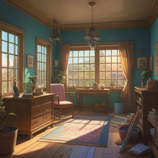 A serene and peaceful indoor scene, a person cleaning a tidy room, soft sunlight filtering through the window, spiritual symbols subtly glowing, a sense of clarity and calmness, organized shelves, plants thriving, positive energy radiating, uplifting ambiance, warm color palette, harmonious atmosphere