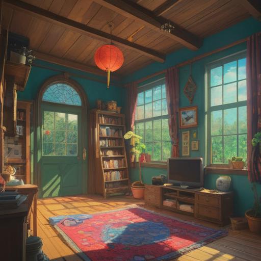 A bright and cheerful room cleaning scene, vibrant colors, natural sunlight streaming through the windows, various lucky items displayed, such as a four-leaf clover, a lucky cat, and feathers, clutter being organized and dust being swept away, a sense of positive energy, uplifting atmosphere, motivational ambiance, 4k