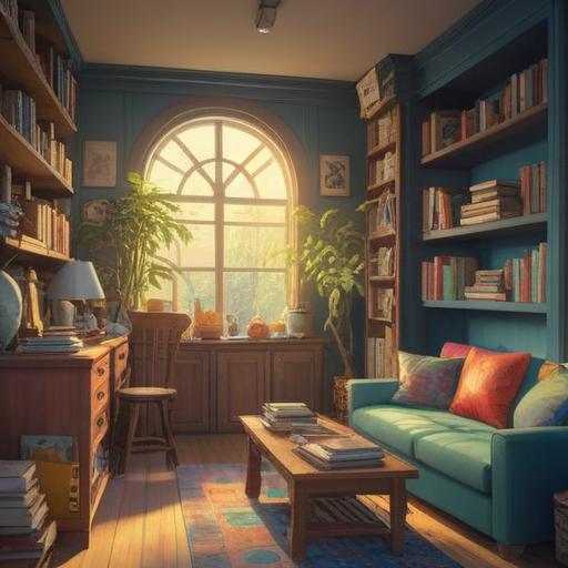 A serene and inviting room, bright sunlight streaming through the window, beautifully organized shelves, soft colors, calming decorations, elements of nature like plants, a sense of clarity and peace, an inspiring atmosphere, spiritual awakening, a feeling of balance and harmony, 4k
