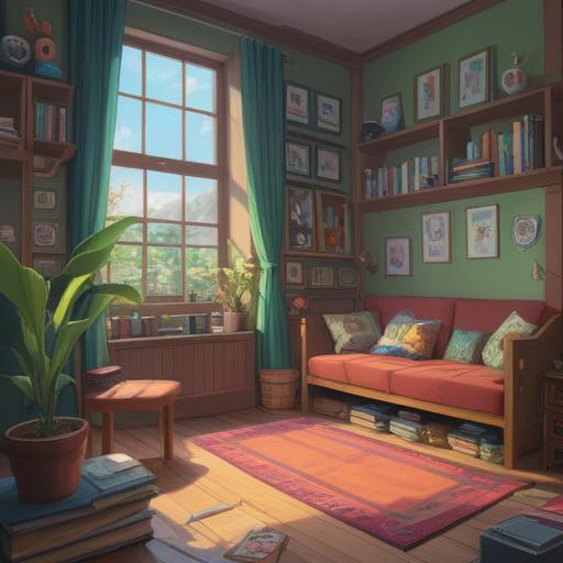 A serene and uplifting illustration of a beautifully organized room, soft light filtering through the windows, calming colors, a sense of tranquility and order, spiritual symbols subtly integrated into the decor, items neatly arranged, plants adding a touch of life, a peaceful atmosphere, encouraging a feeling of clarity and inspiration, 4k