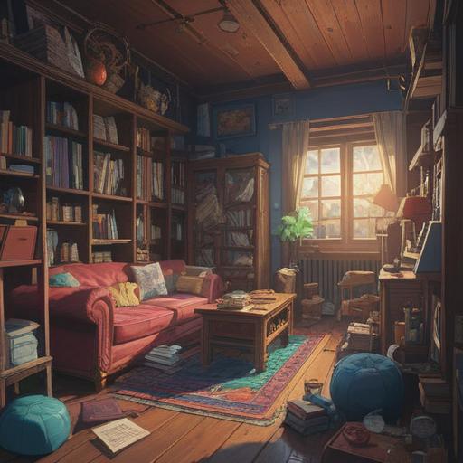 A cluttered room filled with scattered items, a sense of overwhelmed energy, subtle light illuminating hidden corners, symbolic objects representing emotional baggage, ethereal shadows indicating spiritual messages, a person in contemplation, surrounded by lingering clutter, 4k