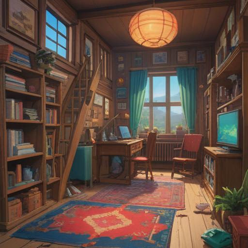 A cozy room filled with organized belongings, bright light streaming through the windows, a cheerful atmosphere, lucky items like a four-leaf clover and a shiny coin displayed prominently, before and after cleaning comparison, inviting space, vibrant colors, 4k