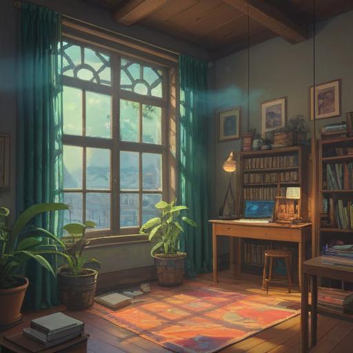 A serene interior scene, soft natural light filtering through the window, gentle aroma wafting through the air, subtle incense smoke spiraling upwards, various plants enhancing the atmosphere, cozy furnishings reflecting tranquility, spiritual symbols displayed on the shelves, an inviting meditation corner, calming and peaceful ambiance, 4k