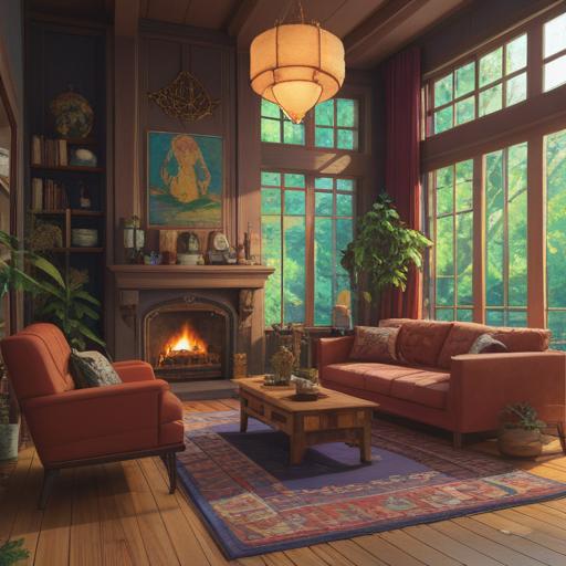A serene living room, infused with warm light, subtle aromatic hints of incense and herbs, an inviting atmosphere, spiritual symbols adorning the walls, plants thriving in sunlight, a comfortable seating area, soft textures, an air of tranquility and positivity, 4k