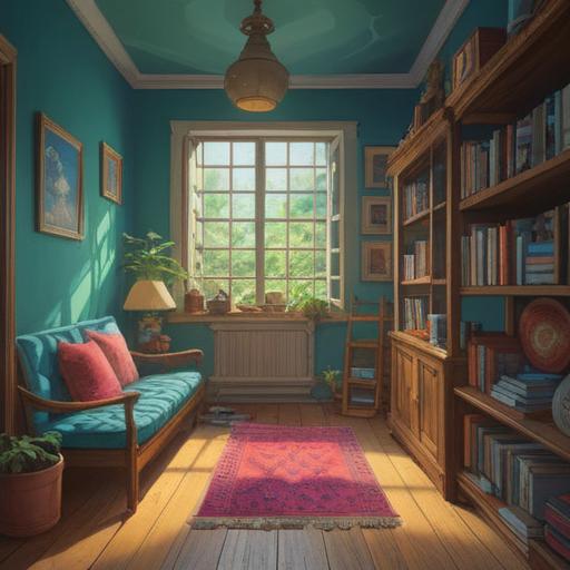 A serene interior scene, soft light filtering through the window, a gentle aroma wafting through the air, spiritual essence capturing the essence of tranquility, candles glowing warmly, plants adding freshness, a cozy reading nook, harmonious colors, inviting atmosphere, 4k