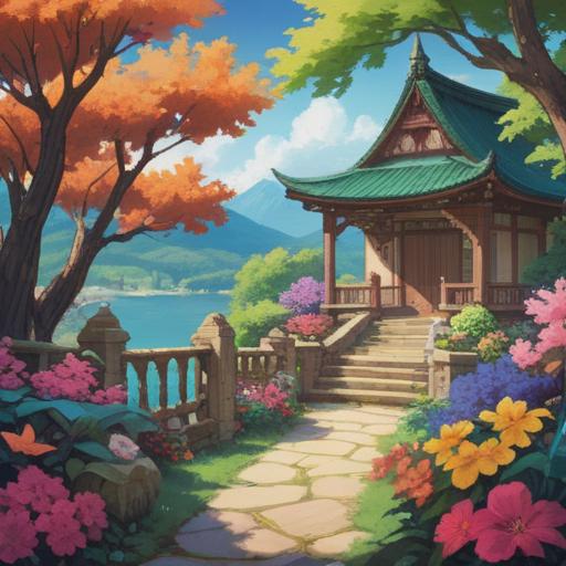 A serene landscape with gentle aromas wafting through the air, peaceful moments of meditation, soft flowers in bloom, a tranquil garden setting, bright sun filtering through leaves, calming water features, harmonious colors blending together, peaceful meditation pose, 4k