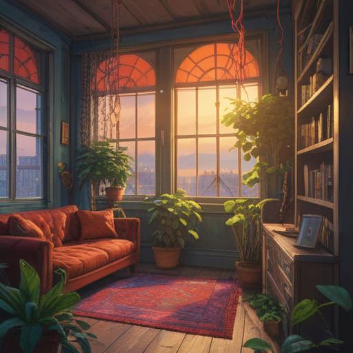 A serene indoor scene, a spider gracefully weaving its web, warm light filtering through a window, lush plants surrounding the room, a sense of tranquility and connection to nature, soft shadows and ethereal glow, spiritual symbols subtly integrated in the background, inviting atmosphere, 4k