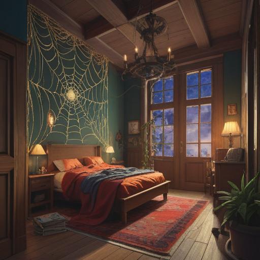 A tranquil indoor scene, a spider quietly spinning its web in a cozy corner, warm lighting illuminating the space, a sense of mystery and spirituality, subtle signs and symbols surrounding the spider, calming colors and textures, inviting atmosphere, inviting contemplation, 4k