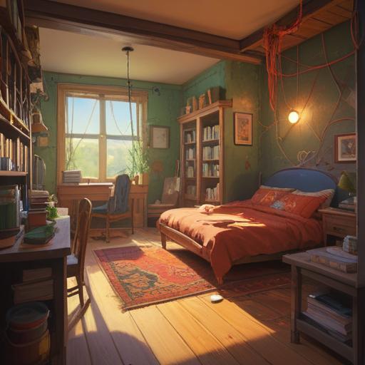 A cozy interior scene, a small room bathed in warm sunlight, a realistic spider at the corner, vibrant lucky items like a four-leaf clover and a horseshoe on the desk, enchanting atmosphere, showcases positive energy and good fortune, attention to detail in decor and objects, inviting and optimistic vibe, 4k