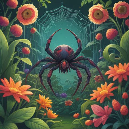 A bright and cheerful illustration of a friendly spider in a garden, surrounded by colorful flowers and lush greenery, showcasing its intricate web glistening in the sunlight, depicting a positive interaction between the spider and other small insects, warm colors, whimsical atmosphere, playful character design, 4k